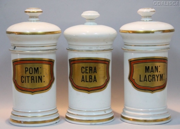 Botes de farmacia en porcelana decorada.
Algunos piquetes en el de "Pom Citrin". Se ve en foto todos los piquetes.
Francia.